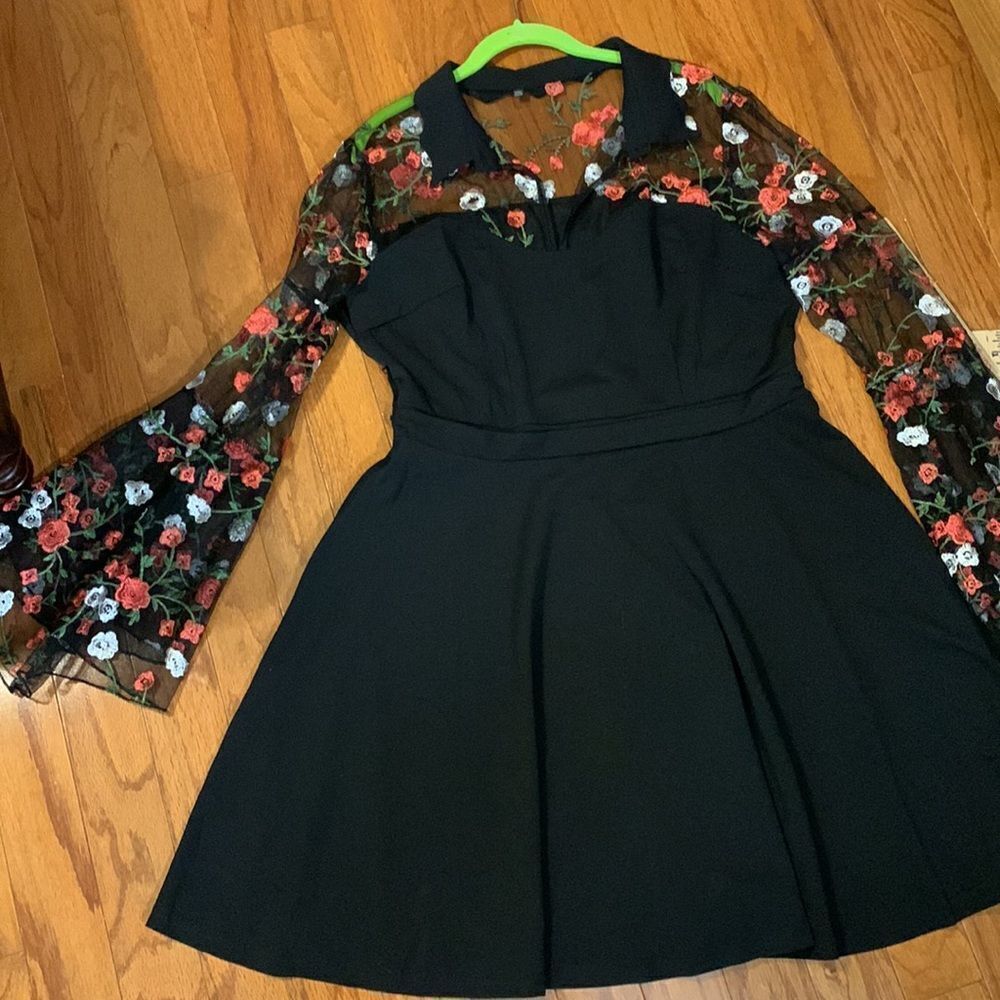 Size XXXL cocktail dress. Black with sheer embroidery shoulders & sleeves